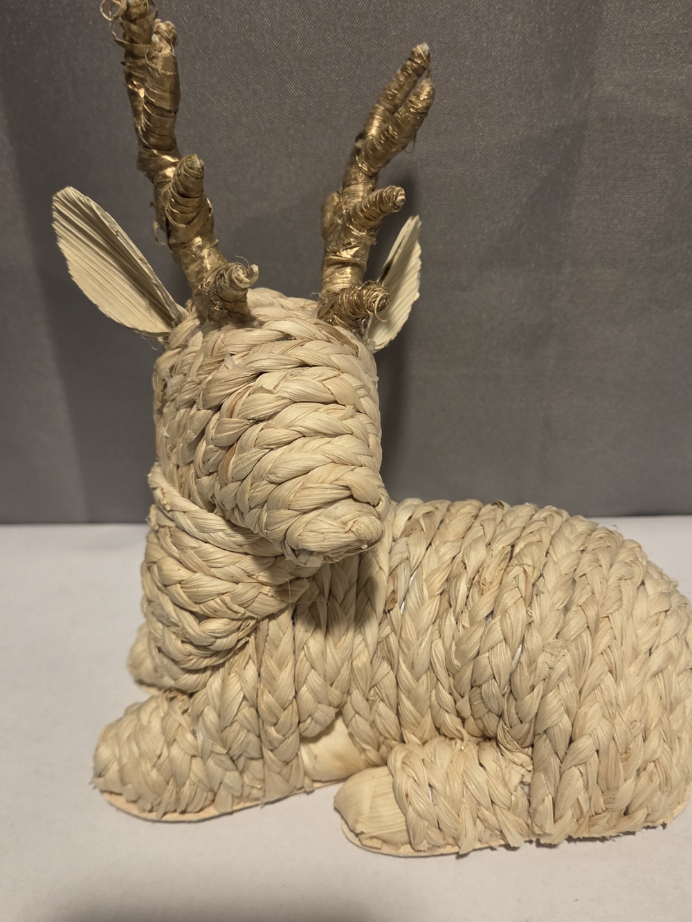 Woven Cream Deer Sculpture with Gold Antlers